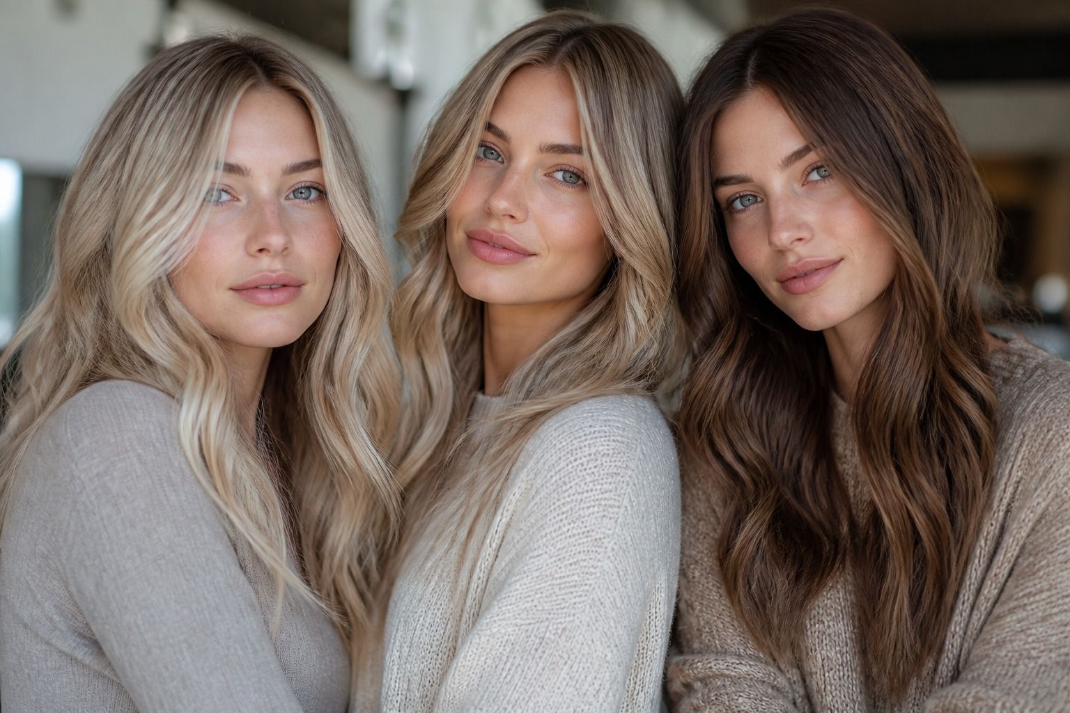 Ash blonde, beige blonde, and soft brown hair colour comparison